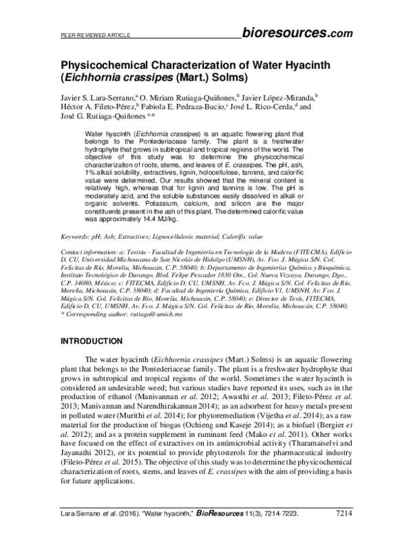 (PDF) Physicochemical Characterization of Water Hyacinth (Eichhornia ...
