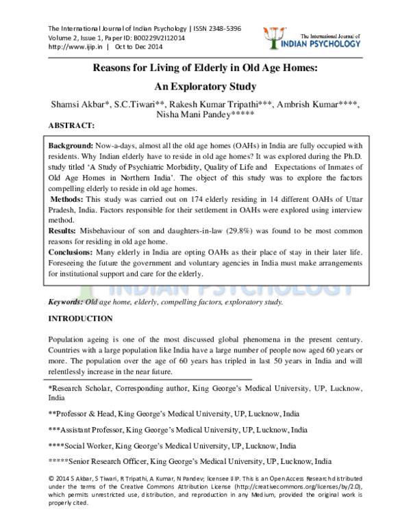 (PDF) Reasons for Living of Elderly in Old Age Homes: An Exploratory Study