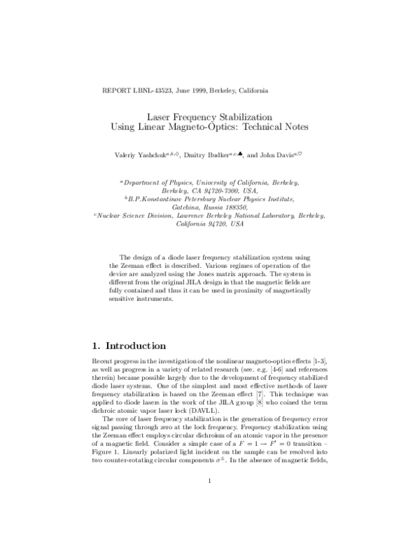 (PDF) Laser frequency stabilization using linear magneto-optics