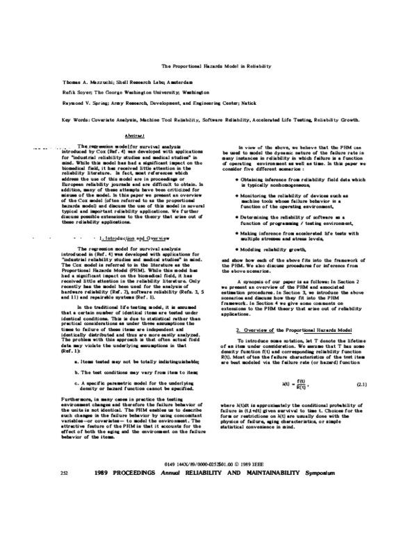 (PDF) The proportional hazards model in reliability