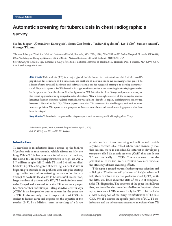 (PDF) Automatic screening for tuberculosis in chest radiographs: a survey