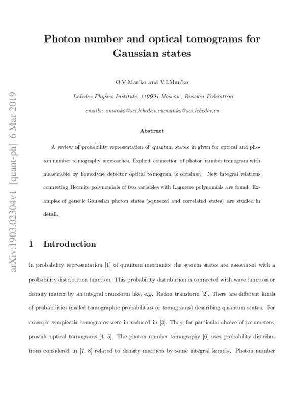 (PDF) Photon number and optical tomograms for Gaussian states