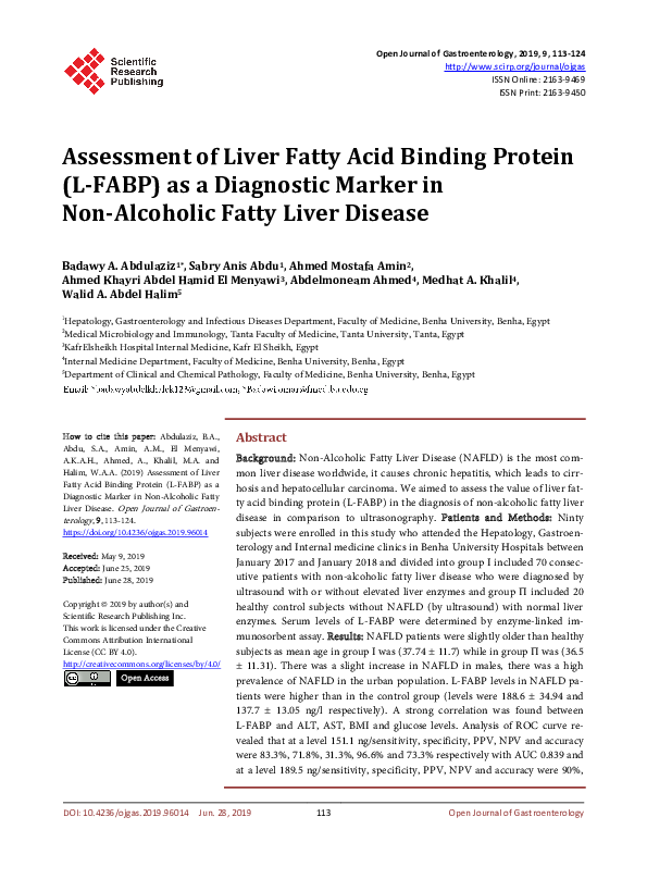 (PDF) Assessment of Liver Fatty Acid Binding Protein (L-FABP) as a ...