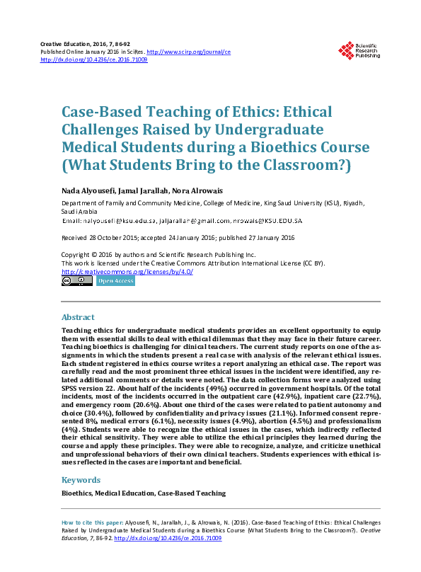 (PDF) Case-Based Teaching of Ethics: Ethical Challenges Raised by ...