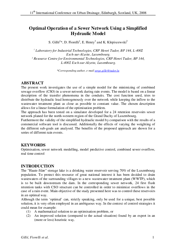 (PDF) Optimal Operation of a Sewer Network Using a Simplified Hydraulic ...