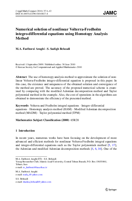 (PDF) Numerical solution of nonlinear Volterra-Fredholm integro ...