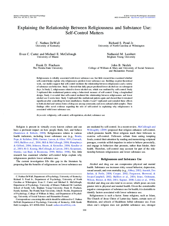 (PDF) Explaining the relationship between religiousness and substance ...
