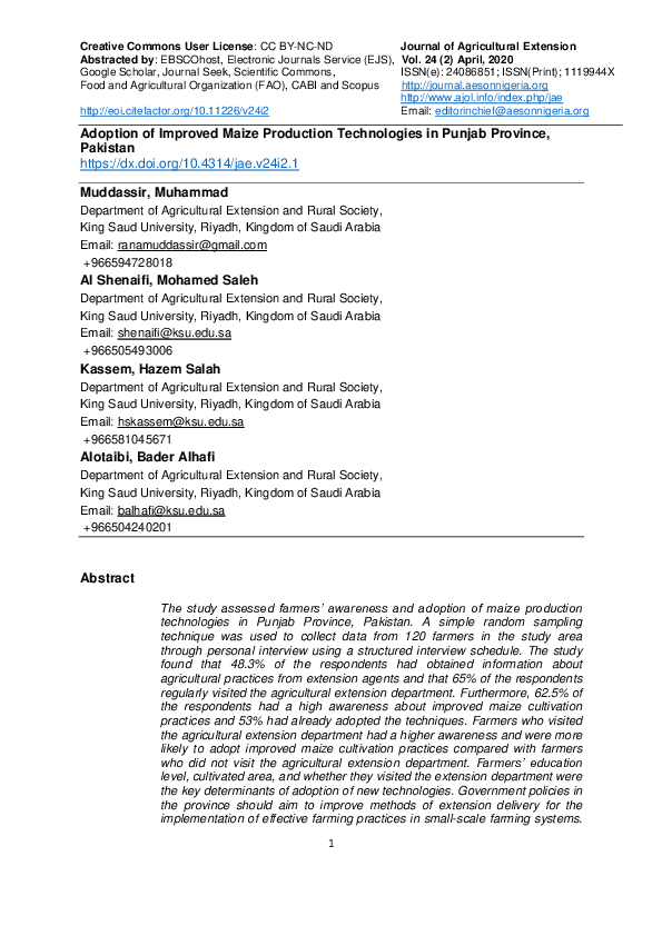 (PDF) Adoption of Improved Maize Production Technologies in Punjab ...