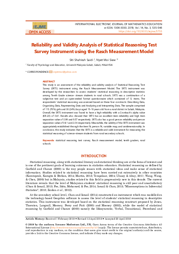 (PDF) Reliability and Validity Analysis of Statistical Reasoning Test ...