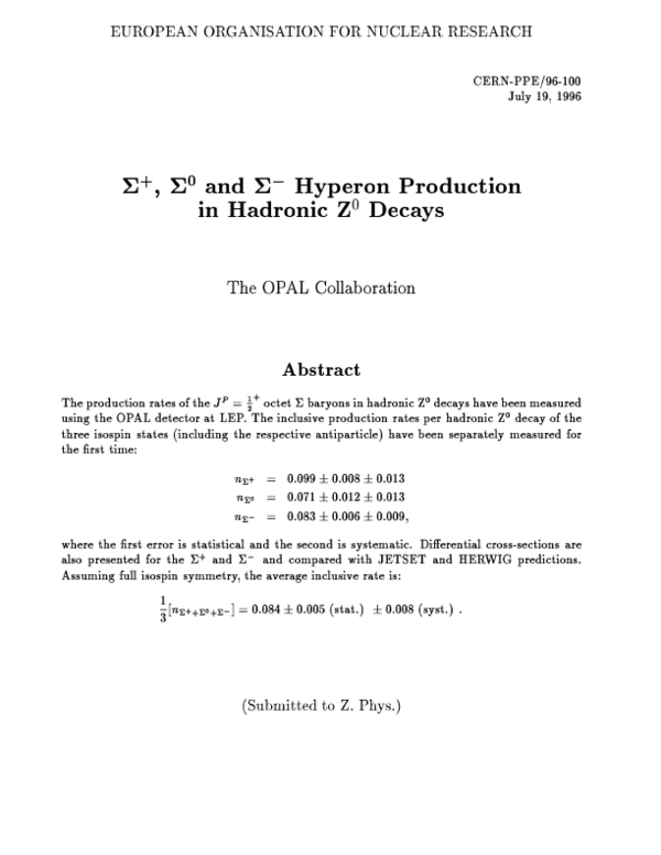 (PDF) Sigma+, Sigma0 and Sigma- hyperon production in hadronic Z0 ...