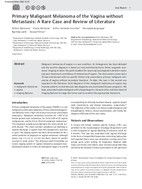 (PDF) Primary Malignant Melanoma of the Vagina without Metastasis: A ...