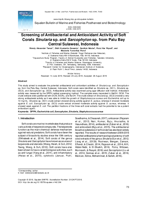 (PDF) Screening of Antibacterial and Antioxidant Activity from the Soft ...