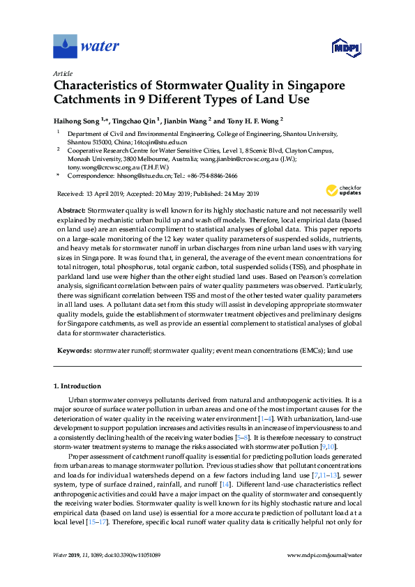 (PDF) Characteristics of Stormwater Quality in Singapore Catchments in ...