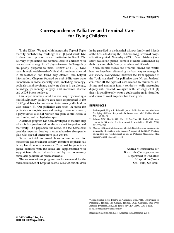 (PDF) Palliative and terminal care for dying children