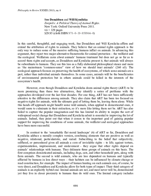 (PDF) Sue Donaldson and Will Kymlicka , Zoopolis: A Political Theory of ...
