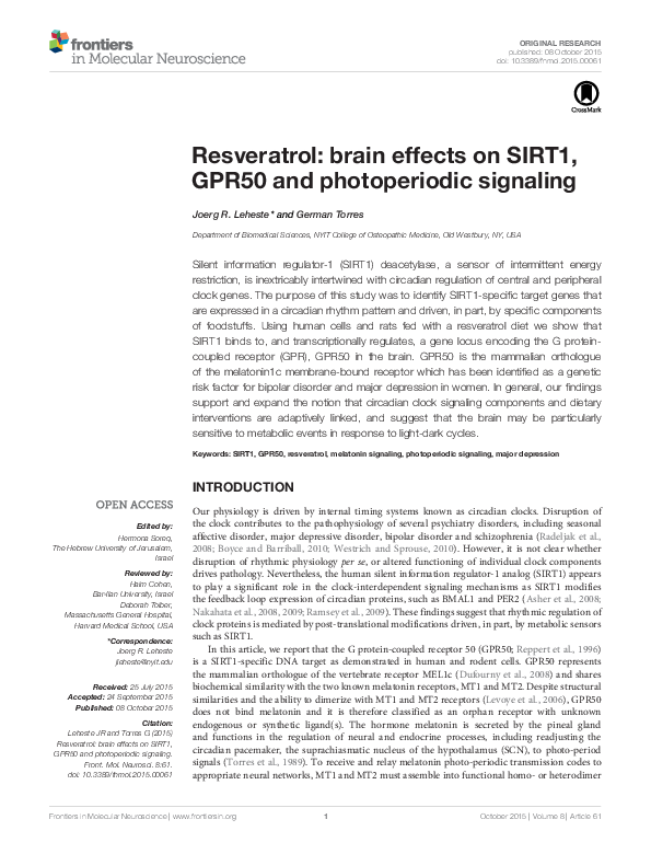 (PDF) Resveratrol: brain effects on SIRT1, GPR50 and photoperiodic ...