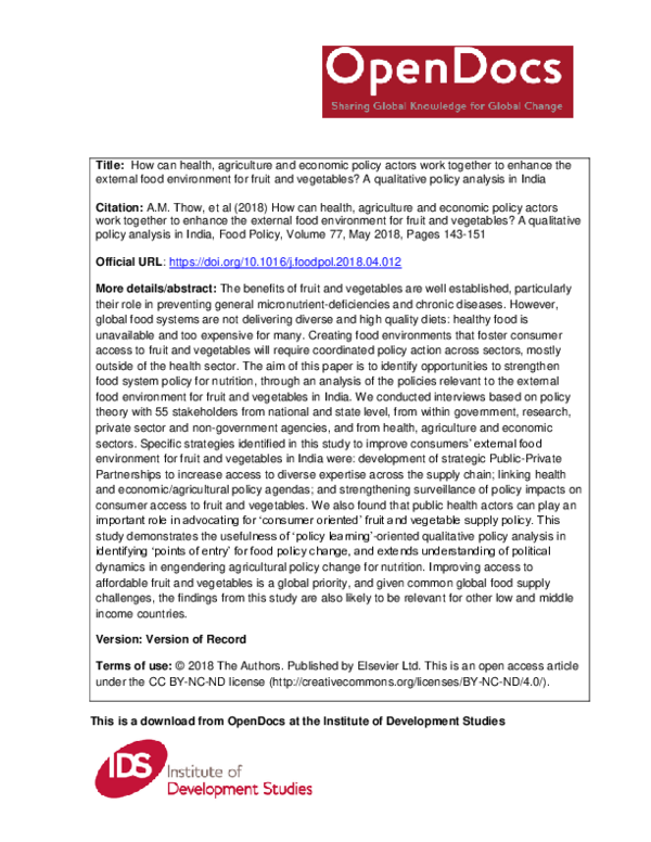  PDF How Can Health Agriculture And Economic Policy Actors Work 