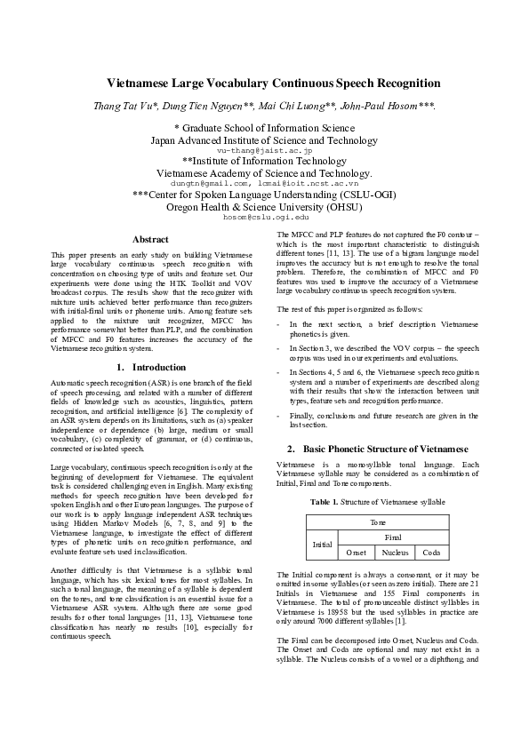 (PDF) Vietnamese large vocabulary continuous speech recognition