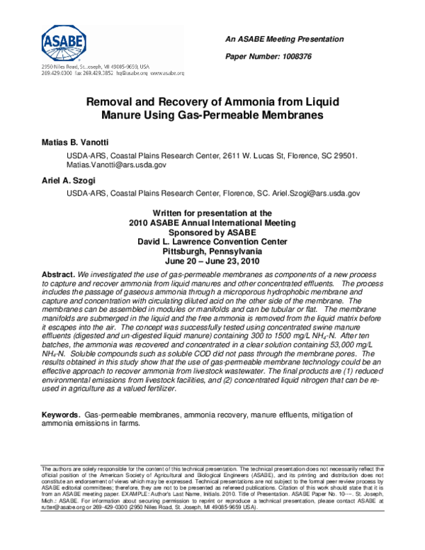 (PDF) Removal and Recovery of Ammonia from Liquid Manure Using Gas ...