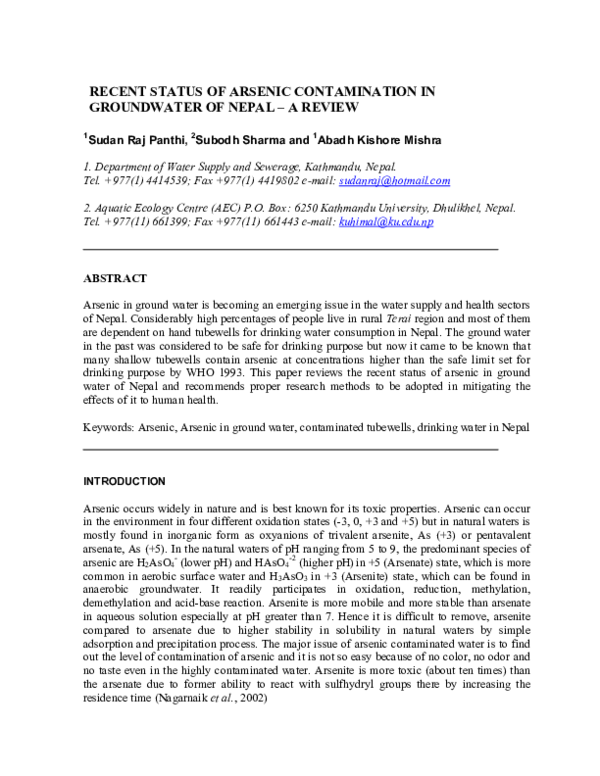 (PDF) Recent Status of Arsenic Contamination in Groundwater of Nepal ...