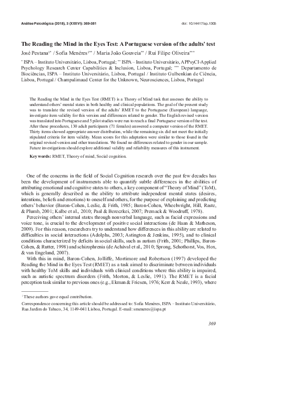 (PDF) The Reading the Mind in the Eyes Test: A Portuguese version of ...