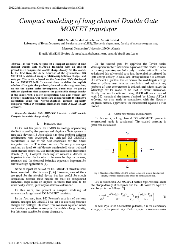 (PDF) Compact modeling of long channel Double Gate MOSFET transistor
