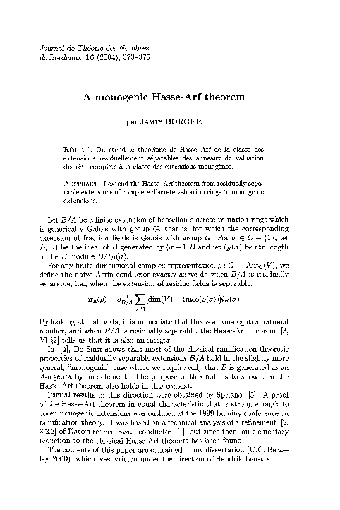 (PDF) A monogenic Hasse-Arf theorem