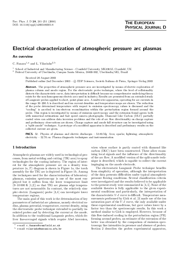 (PDF) Electrical characterization of atmospheric pressure arc plasmas