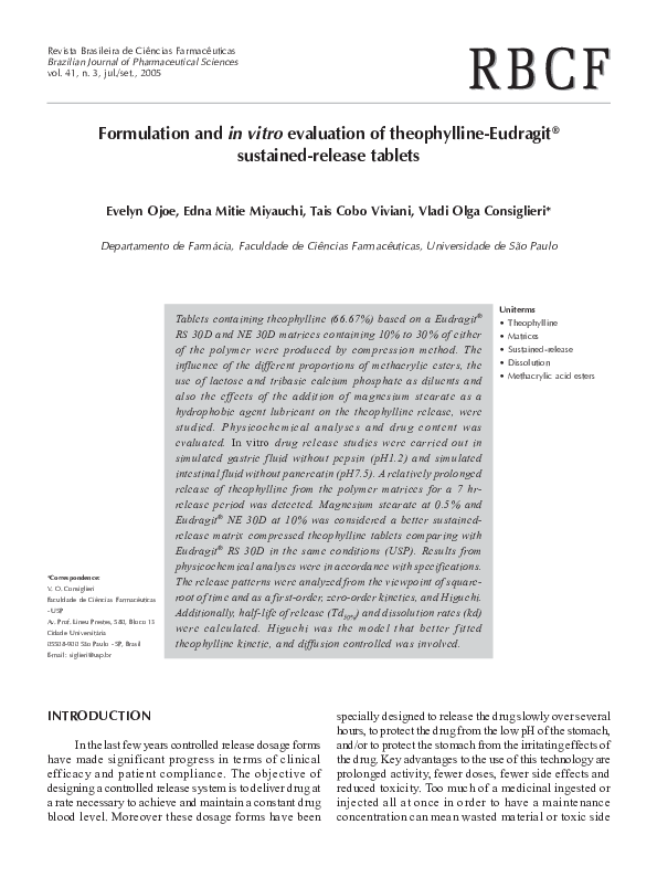(PDF) Formulation and in vitro evaluation of theophylline-Eudragit ...