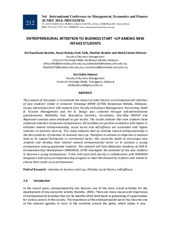 (PDF) Entrepreneurial Intention to Business Start –Up Among New Intake ...