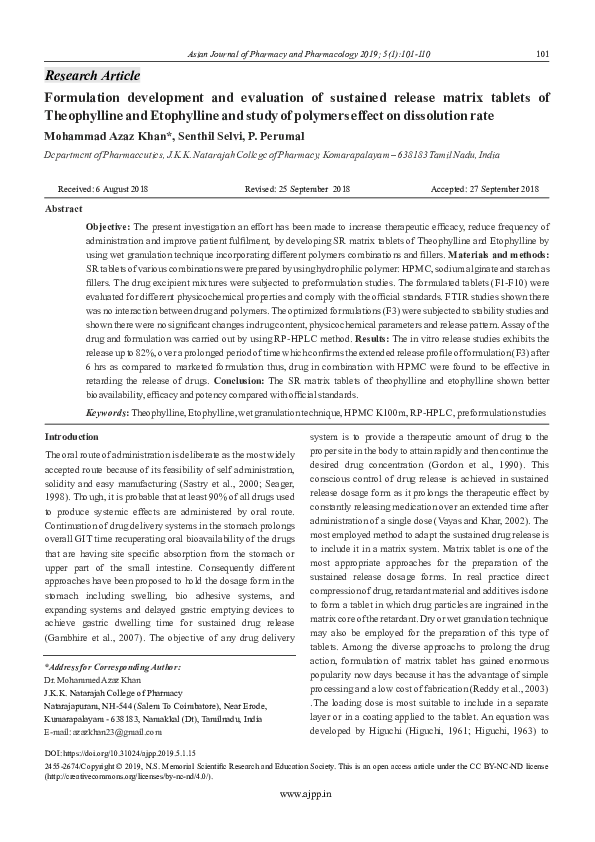 (PDF) FORMULATION DEVELOPMENT AND EVALUATION OF SUSTAINED RELEASE ...