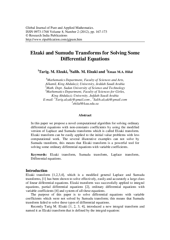 (PDF) Elzaki and Sumudu Transforms for Solving Some Differential Equations