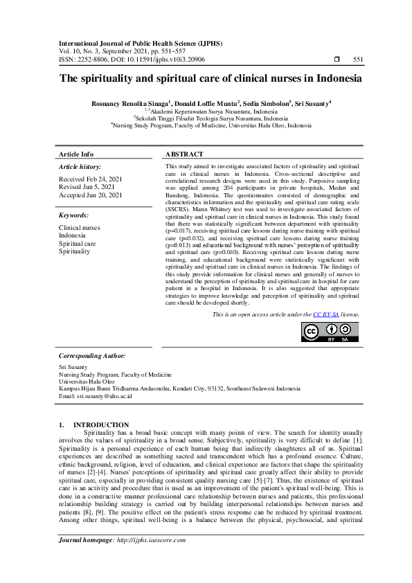 (PDF) The spirituality and spiritual care of clinical nurses in Indonesia