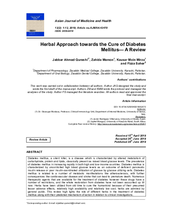 (PDF) Herbal Approach towards the Cure of Diabetes Mellitus— A Review