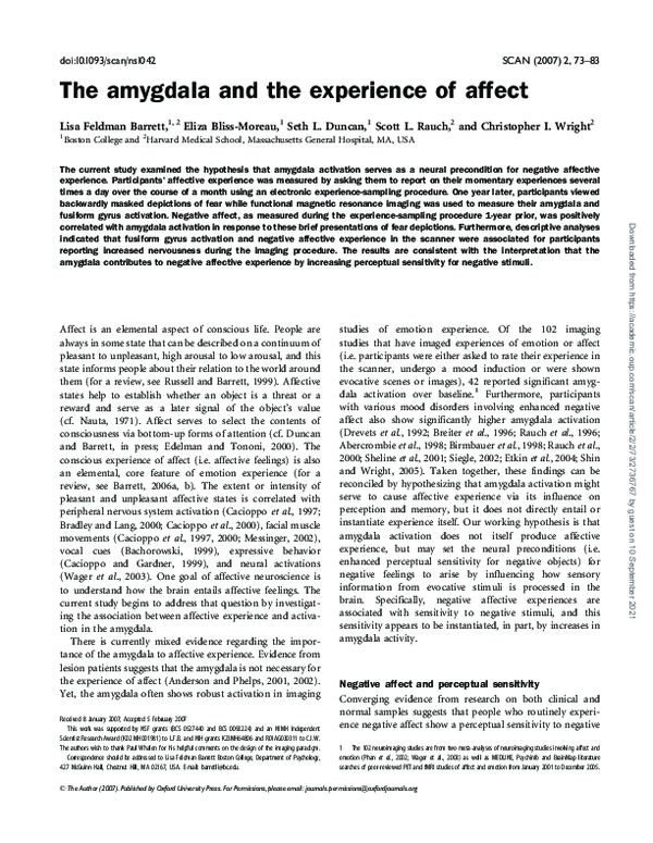 (PDF) The amygdala and the experience of affect