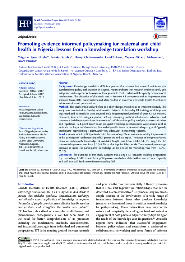 (PDF) Promoting evidence informed policymaking for maternal and child ...
