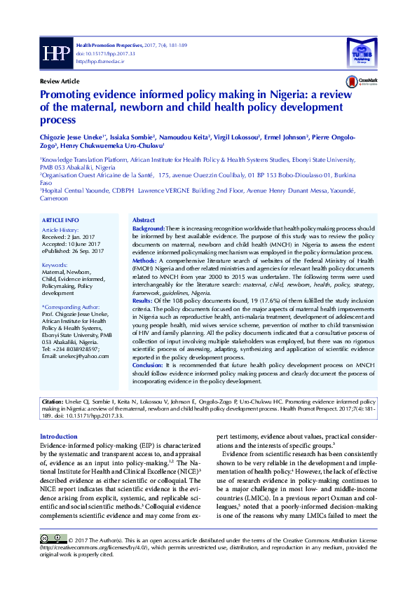 (PDF) Promoting evidence informed policy making in Nigeria: a review of ...