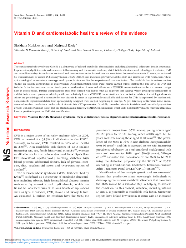 (PDF) Vitamin D and cardiometabolic health: a review of the evidence