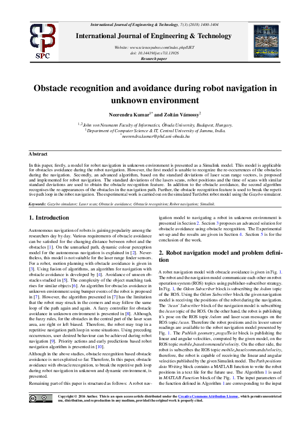 (PDF) Obstacle recognition and avoidance during robot navigation in ...