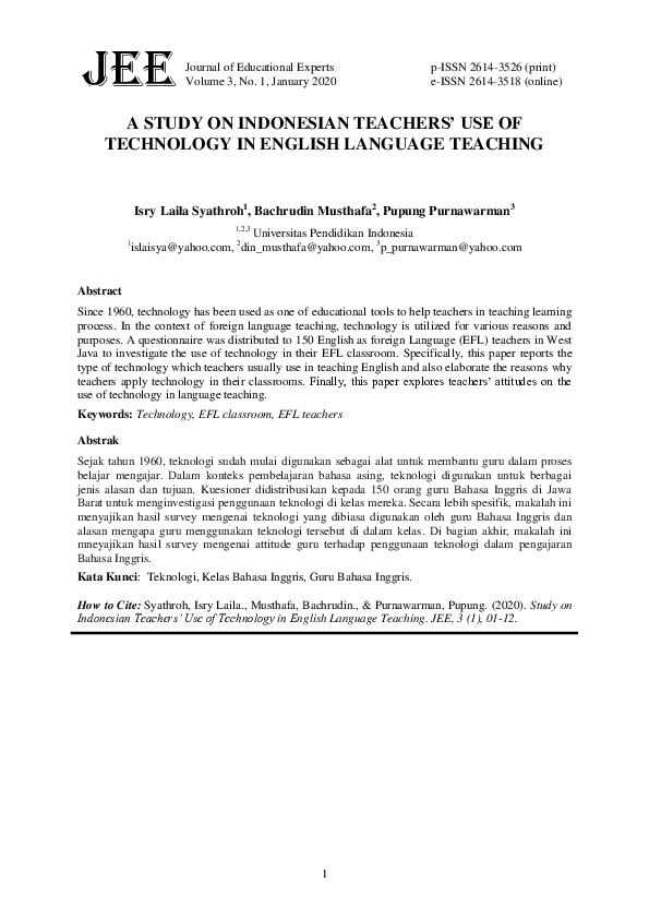Pdf A Study On Indonesian Teachers Use Of Technology In English