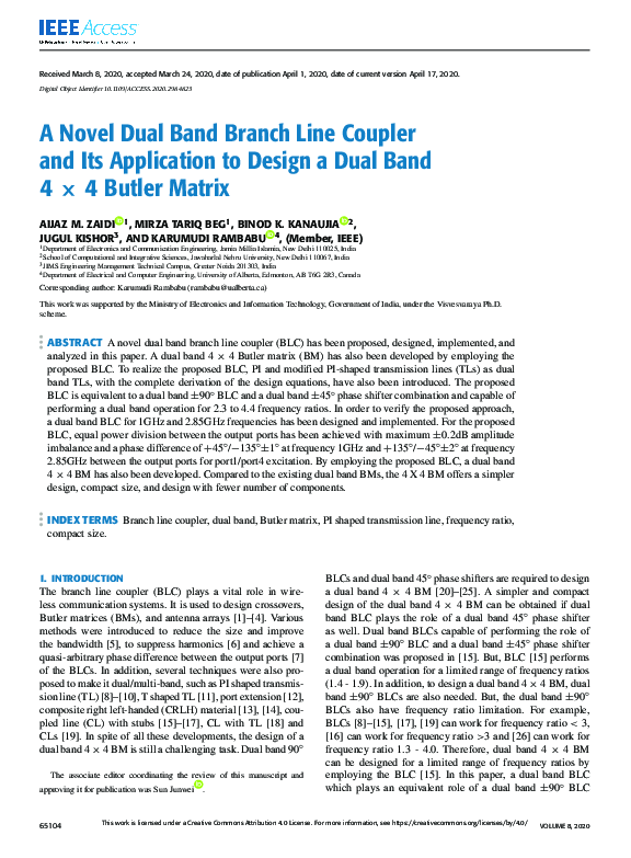 (PDF) A Novel Dual Band Branch Line Coupler and its Application to ...
