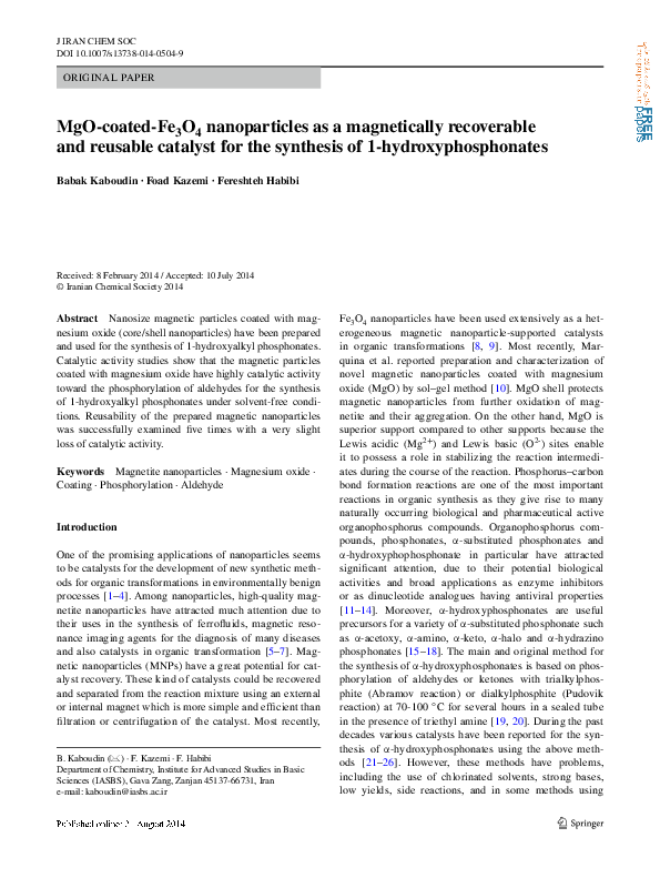(PDF) MgO-coated-Fe3O4 nanoparticles as a magnetically recoverable and ...