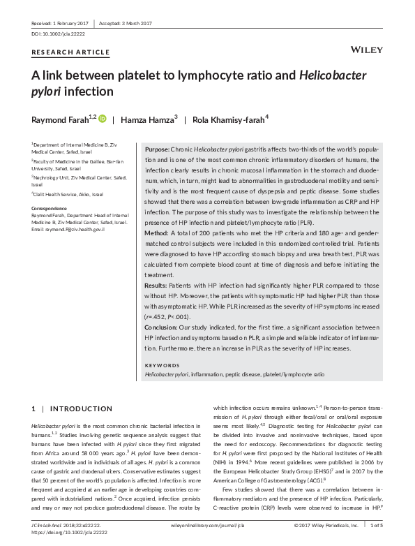 (PDF) A link between platelet to lymphocyte ratio and Helicobacter ...