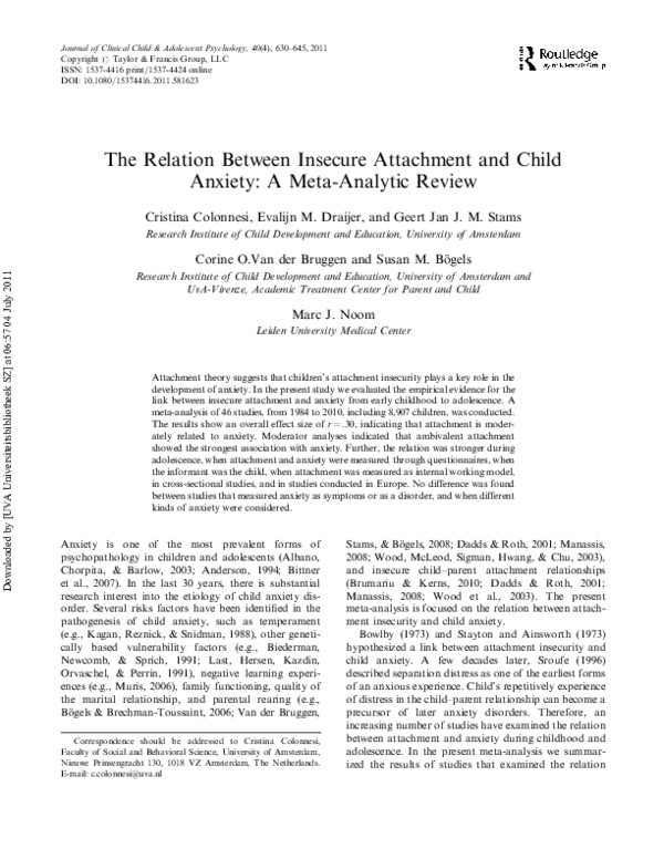 (PDF) The relation between insecure attachment and child anxiety: a ...