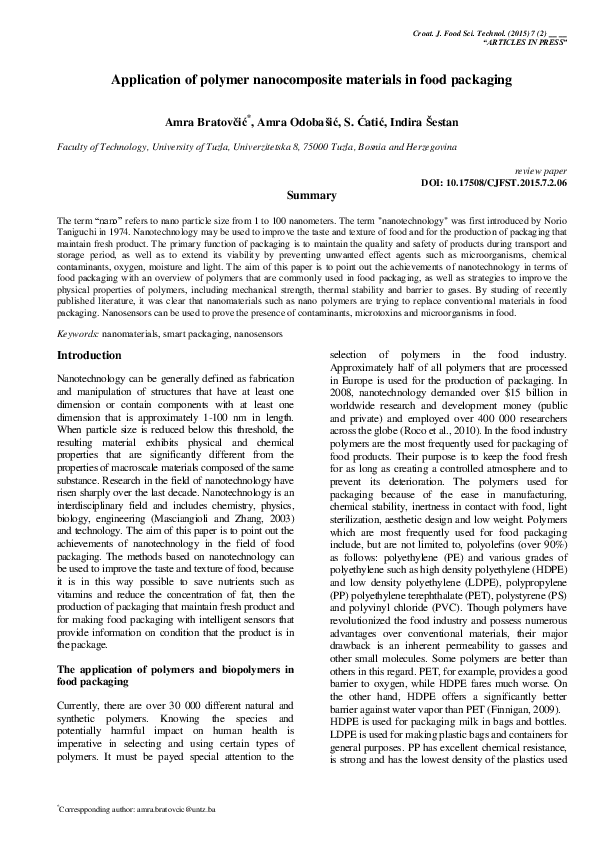 (PDF) Application of polymer nanocomposite materials in food packaging
