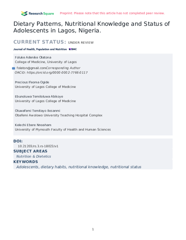 (PDF) Dietary Patterns, Nutritional Knowledge and Status of Adolescents ...