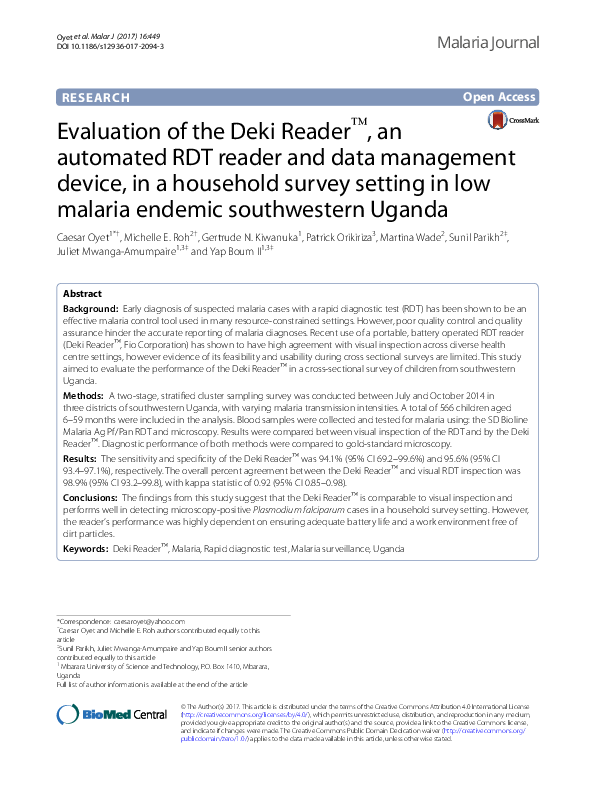 (PDF) Evaluation of the Deki Reader™, an automated RDT reader and data ...
