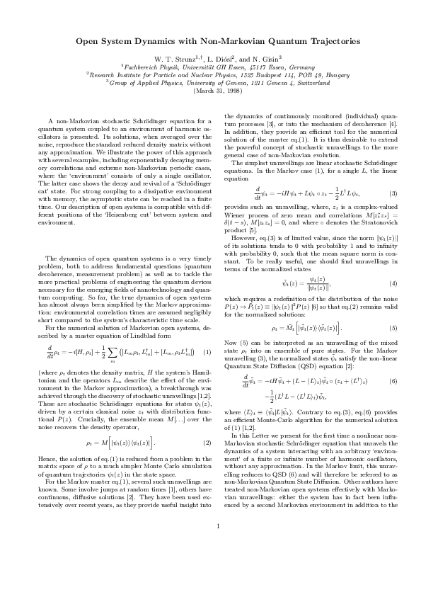 (PDF) Open system dynamics with non-Markovian quantum trajectories