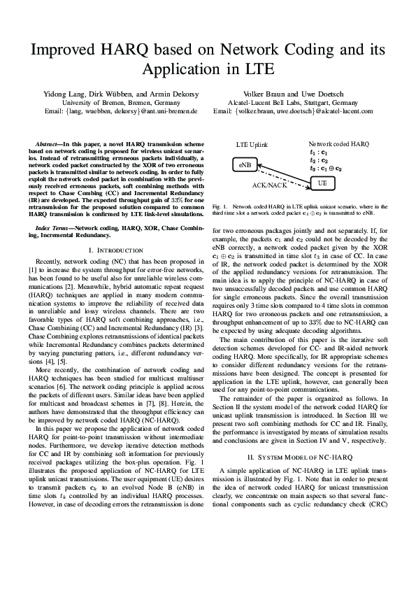 (PDF) Improved HARQ based on network coding and its application in LTE