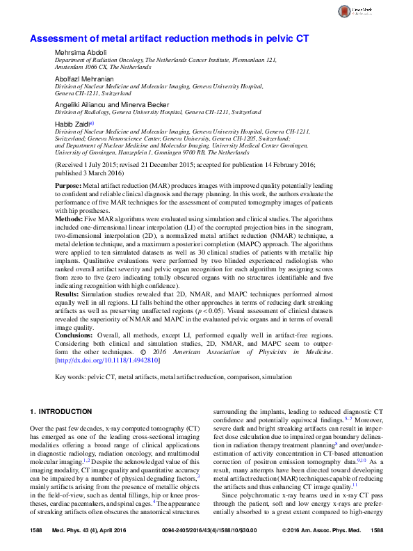 (PDF) Assessment of metal artifact reduction methods in pelvic CT